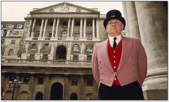 At the Bank of England, a gatekeeper in traditional 18th century garb seems unperturbed over Britain losing its status as the financial capital of the world.